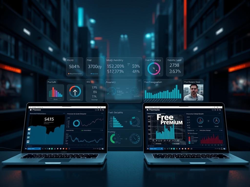 A side-by-side comparison of free and premium deepfake detection tools, showcased against a sleek, high-tech backdrop. In the foreground, two laptop screens display the respective interfaces, one labeled "Free" and the other "Premium". The free tool's screen shows a basic detection analysis, while the premium tool's screen exhibits a more advanced, forensic-level examination. In the middle ground, various data visualizations and charts highlight the key differences in performance, accuracy, and feature sets. The background is a dimly lit, futuristic urban landscape, casting a cool, cyber-noir ambiance. Cinematic lighting and depth of field create a sense of depth and professionalism, emphasizing the technological nature of the scene.