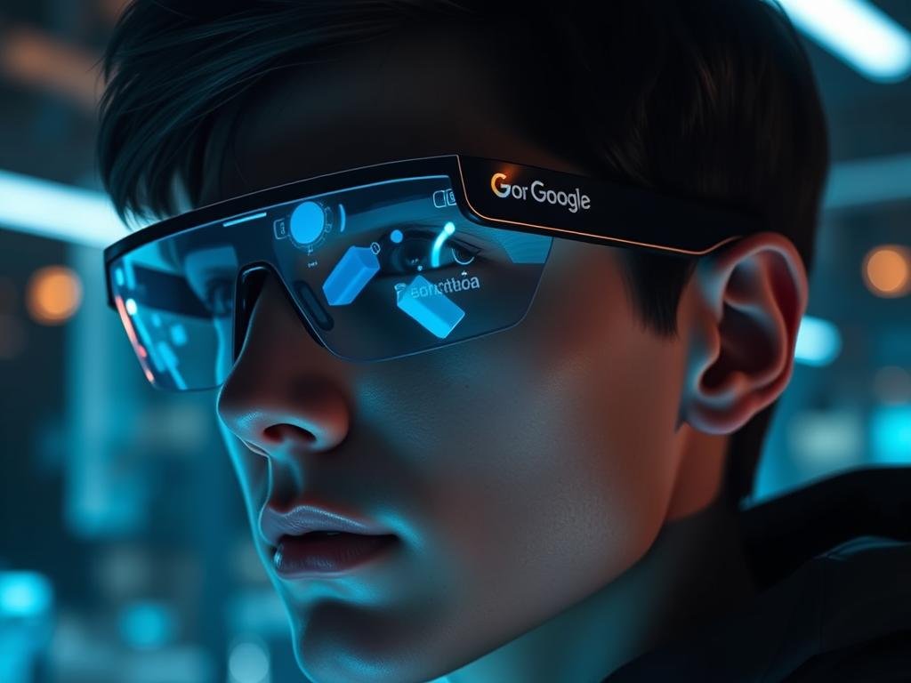 A sleek and futuristic pair of Google Lens smartglasses, featuring a discreet yet advanced AR display. The lenses have a glossy, high-tech finish, with a subtle Google logo subtly integrated into the frame. The glasses are worn by a person in a dimly lit, futuristic setting, perhaps an urban cityscape or a research lab. Soft, directional lighting highlights the user's face and the intricate details of the glasses, creating a sense of depth and atmosphere. The AR interface overlays holographic information and virtual objects seamlessly, blending the digital and physical worlds. The overall mood is one of cutting-edge technology, innovation, and the promise of a connected, augmented future.