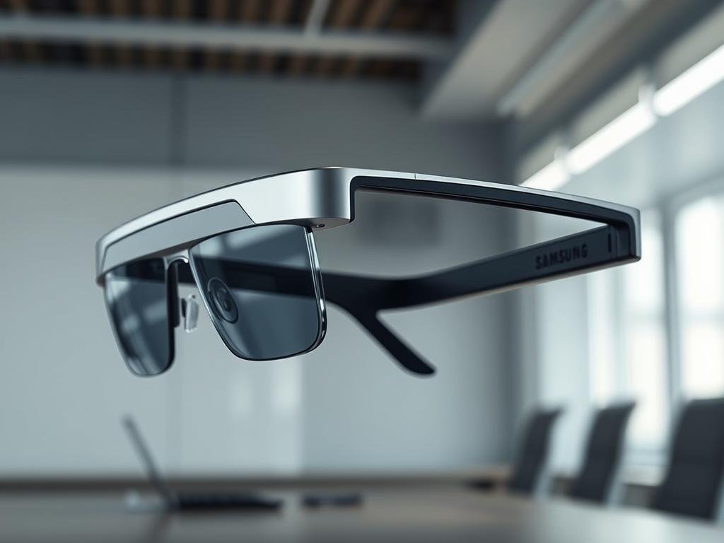 A sleek and futuristic pair of Samsung XR Glasses, showcasing an elegant silver and black design. The lenses have a slight tint, reflecting the cutting-edge augmented reality technology within. The frame is slim and lightweight, with a discreet camera and sensor array seamlessly integrated. The glasses are set against a backdrop of a modern, minimalist office setting, with clean lines and neutral tones to emphasize the device's advanced capabilities. Soft, directional lighting highlights the glasses' premium materials and craftsmanship, conveying a sense of sophistication and innovation. The overall atmosphere is one of cutting-edge technology, ready to revolutionize the way we interact with the digital world.