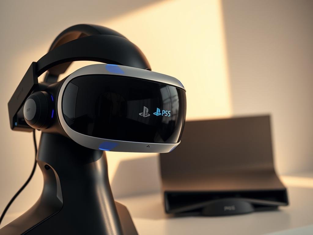 A sleek and modern PlayStation VR headset seamlessly integrates with the powerful PS6 console, blending cutting-edge hardware and immersive virtual reality. In the foreground, the VR headset's glossy black exterior and futuristic design stands out, with the intricate lenses and sensors clearly visible. The middle ground showcases the PS6 console, its angular lines and matte finish complementing the VR headset's aesthetic. Surrounding the setup, a softly lit, minimalist environment creates a sense of tranquility and focus, allowing the viewer to imagine the awe-inspiring virtual experiences awaiting. Subtle lighting casts gentle shadows, highlighting the technological prowess of this next-generation PlayStation VR integration.