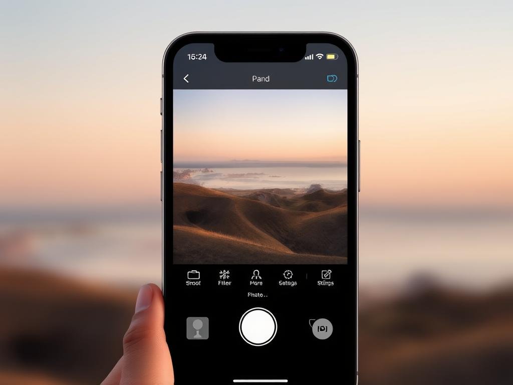 A sleek and modern iOS 26 camera app interface, designed with a minimalist aesthetic and enhanced functionality. The foreground features a large, high-resolution viewfinder with a clean, uncluttered layout, allowing the user to focus on the subject. The middle ground showcases a streamlined toolbar with intuitive icons for various shooting modes, filters, and settings, all neatly organized for easy access. The background sets a serene, slightly blurred backdrop, providing a sense of depth and focus on the core camera experience. Soft, diffused lighting creates a warm, inviting atmosphere, while the overall composition emphasizes the app's simplicity and user-friendliness.
