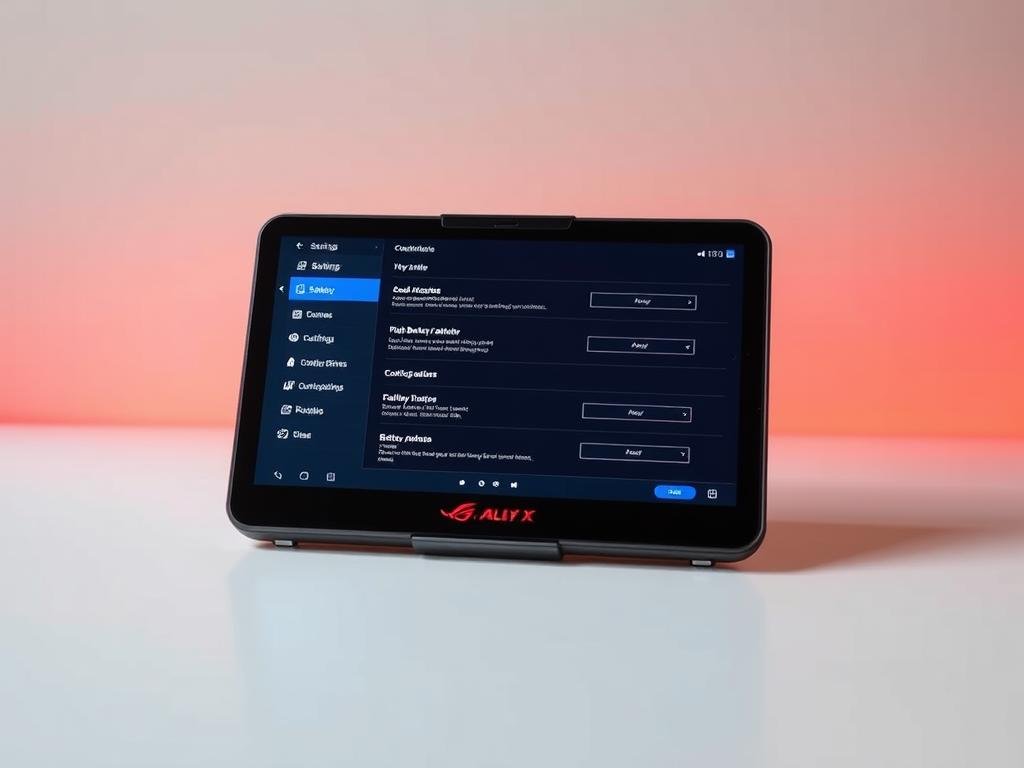 A sleek and modern-looking ROG Ally X gaming device, its screen displaying various battery optimization settings and options. The device is set against a clean, minimalist background, with a soft, warm lighting illuminating the scene. The image emphasizes the software and firmware aspect of battery optimization, with key settings and toggles visible on the device's display. The overall composition conveys a sense of technological sophistication and efficiency, reflecting the theme of "Tip9: Software Updates and Firmware Optimization" for the ROG Ally X's battery life.
