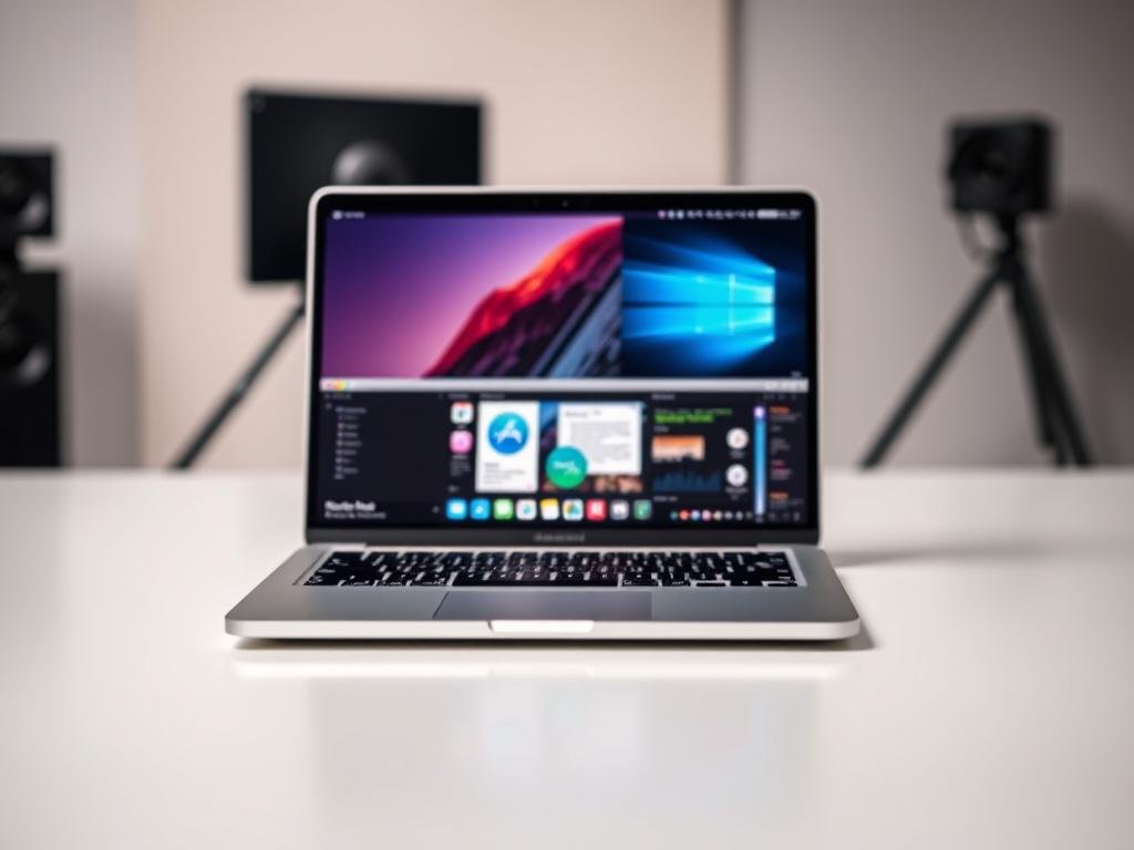 A sleek and powerful MacBook Pro M4 laptop rests on a minimalist workspace, its unibody aluminum chassis gleaming under soft, diffused lighting. The display shows a stunning visual representation of the device's cutting-edge performance, with vibrant colors and crisp details. In the foreground, various software icons and windows suggest the seamless integration of hardware and optimized applications, hinting at the laptop's exceptional productivity and multitasking capabilities. The background features a subtly blurred studio setting, creating a professional and focused atmosphere. Careful attention to perspective, depth of field, and shadow play adds depth and realism to the overall composition.