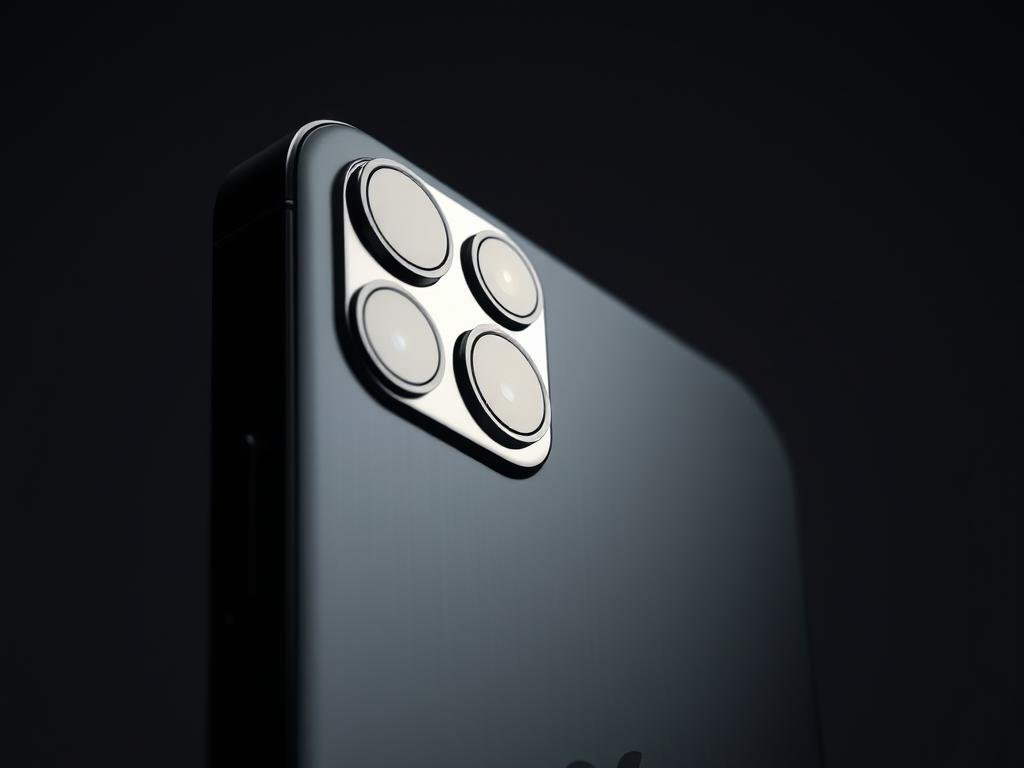 a sleek, black iphone17 pro device, its rear camera module prominently displayed. the camera lenses glisten under dramatic studio lighting, casting sharp shadows and highlights that accentuate their intricate design. the camera array is captured from a dynamic, angled perspective, conveying a sense of technological innovation and cutting-edge engineering. the background is subtly blurred, keeping the focus solely on the advanced camera system, the heart of this next-generation mobile photography powerhouse.