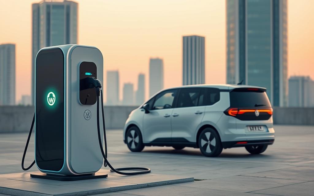 A sleek electric vehicle charging station stands prominently in the foreground, its futuristic design and glowing charging ports capturing the eye. In the middle ground, an Volkswagen ID.Buzz electric microbus is connected, its bold, retro-inspired silhouette contrasting with the modern charging equipment. The background features a clean, minimalist urban landscape, with tall buildings and a subtle blue-tinged sky, conveying a sense of technological advancement and sustainability. The scene is bathed in a warm, diffused lighting that highlights the smooth surfaces and dynamic lines of the vehicles and charging infrastructure, creating an atmosphere of efficient, high-performance electric mobility.