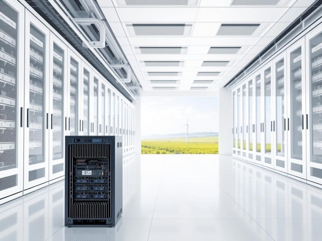 A sleek, energy-efficient data center with a futuristic, minimalist design. The server racks are neatly arranged, featuring cutting-edge cooling systems and advanced power management technologies. Soft, diffused lighting illuminates the pristine white interior, creating a serene and efficient atmosphere. In the foreground, a single server stands out, its intricate heatsinks and state-of-the-art components visible. The middle ground showcases the seamless integration of renewable energy sources, such as solar panels or wind turbines, powering the entire facility. The background depicts a sprawling, verdant landscape, symbolizing the environmental sustainability of this innovative server architecture.