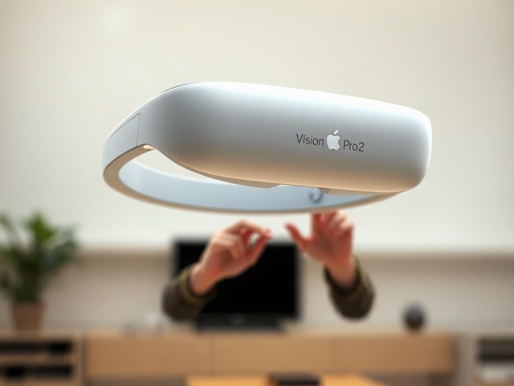 A sleek, futuristic AR headset hovers in the foreground, its smooth, rounded design gleaming under soft, ambient lighting. The Apple Vision Pro 2 logo is subtly etched into the lightweight, ergonomic frame. In the middle ground, a user's hands delicately manipulate virtual controls, their movements seamlessly integrated with the headset's advanced gesture recognition. The background depicts a minimalist, modern interior, with clean lines and muted tones that complement the device's sophisticated aesthetic. The overall scene conveys a sense of technological innovation, immersive user experience, and Apple's dedication to design excellence.