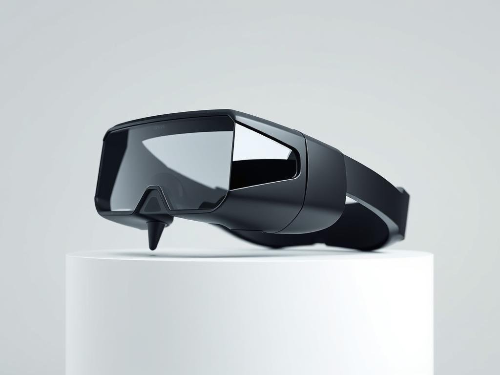 A sleek, futuristic Meta Quest 4 headset rests on a minimalist white pedestal, its translucent lenses and angular silhouette suggesting advanced AR/VR capabilities. Soft, ambient lighting from above gently illuminates the device, creating a sense of sophistication and high-tech allure. The headset's matte black finish and smooth, seamless design evoke a premium, cutting-edge aesthetic, hinting at Meta's latest innovations in the immersive computing space. The background is a clean, neutral environment, allowing the headset to be the focal point and drawing the viewer's attention to this centerpiece of Meta's 2025 lineup.