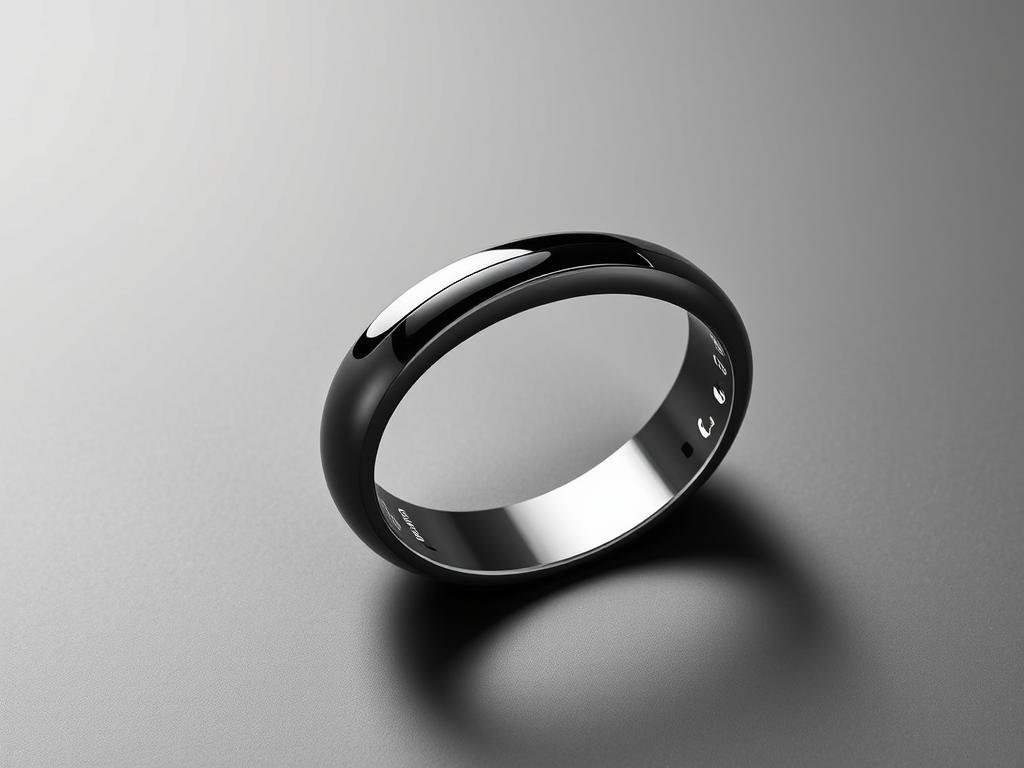 a sleek, futuristic samsung galaxy ring resting on a minimalist, monochrome background. the device's curved, metallic chassis gleams under soft, directional lighting, casting subtle shadows that accentuate its elegant form. the ring's surface is adorned with a vibrant, high-resolution display that seamlessly blends into the design, showcasing intricate health tracking metrics and a responsive touchscreen interface. the overall composition conveys a sense of advanced technology, personal wellness, and a harmonious balance between form and function.