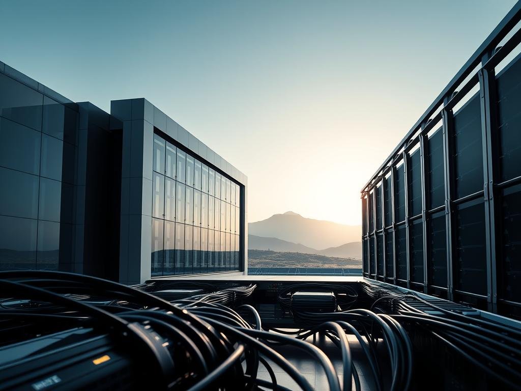 A sleek, futuristic data center nestled in a serene, minimalist landscape. The building's facade features clean lines, sharp angles, and a stunning combination of glass, steel, and concrete. Soft, directional lighting casts dramatic shadows, highlighting the architectural details. In the foreground, a network of cables and server racks convey the infrastructure's complexity and high-performance capabilities. The background showcases a tranquil, hilly horizon, evoking a sense of balance between technology and nature. The overall composition suggests an efficient, low-latency architecture designed to power critical applications with precision and speed.