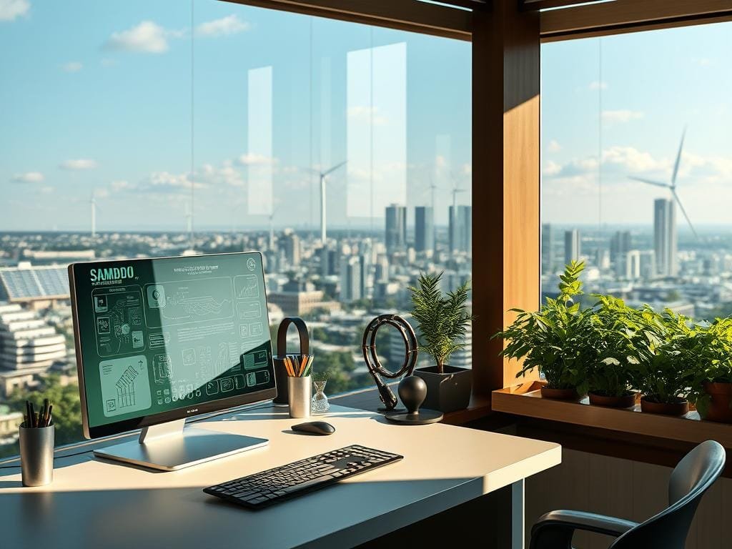A sleek, futuristic eco-friendly technology workstation set against a serene, nature-inspired backdrop. In the foreground, a minimalist desk features an advanced computer display with clean lines and a holographic interface. Intricate circuit boards, biofuel cells, and sustainable materials like bamboo and recycled plastics are visible. Soft, indirect lighting illuminates the scene, casting warm, natural shadows. In the middle ground, a verdant indoor garden thrives, its lush greenery and hydroponic system symbolizing the harmony between technology and the environment. The background depicts a panoramic view of a sustainable city skyline, with solar panels, wind turbines, and green rooftops blending seamlessly into the landscape.