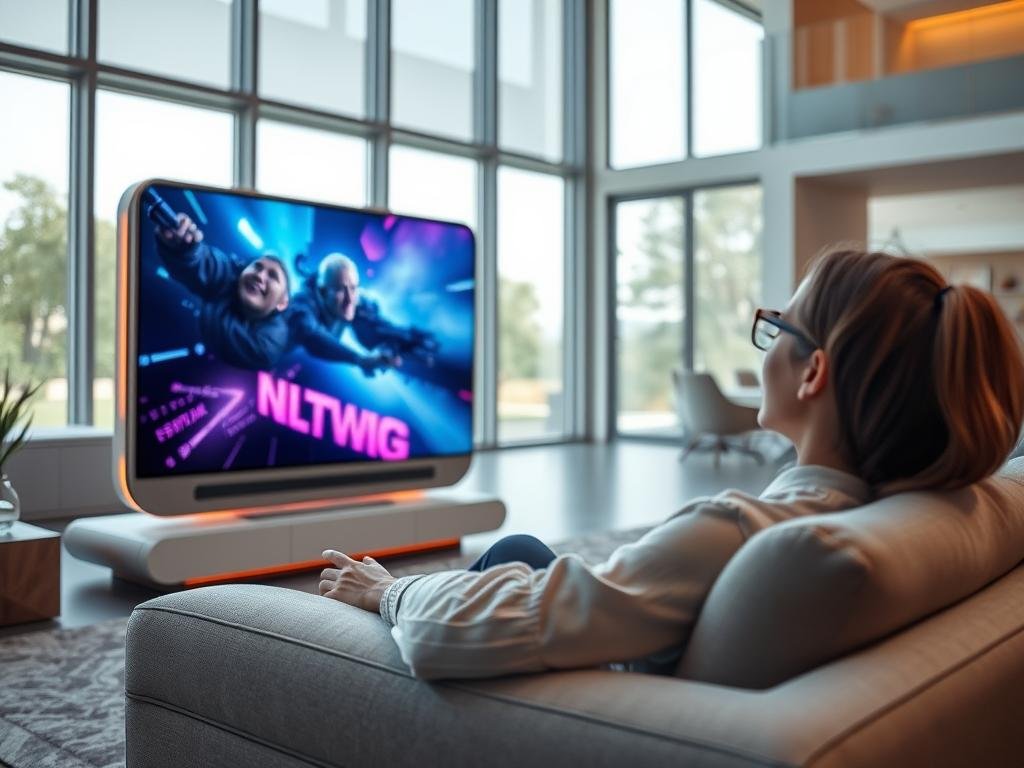 A sleek, futuristic entertainment system with a curved OLED display, seamlessly integrated voice controls, and an intuitive touchscreen interface. The system is housed in a minimalist, brushed aluminum frame with subtle ambient lighting. In the foreground, a person relaxes on a plush, ergonomic sofa, immersed in a vivid, cinematic experience, the screen's vibrant colors and crisp details reflecting in their eyes. The background features a modern, open-concept living space with floor-to-ceiling windows, allowing natural light to filter in and create a warm, inviting atmosphere.