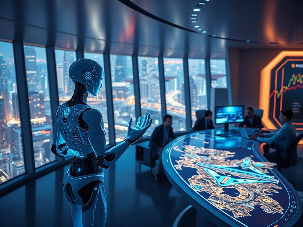 A sleek, futuristic game development studio with a holographic interface. In the foreground, an AI-powered avatar stands before a virtual 3D game world, manipulating the environment with fluid hand gestures. Behind it, teams of developers collaborate around a curved, transparent workstation, studying real-time data visualizations and simulations. The background features floor-to-ceiling windows overlooking a sprawling, neon-lit cityscape, reflecting the glow of hovering transport vehicles. The lighting is a blend of cool, blue tones and warm, ambient illumination, creating an atmosphere of cutting-edge innovation and technological advancement.