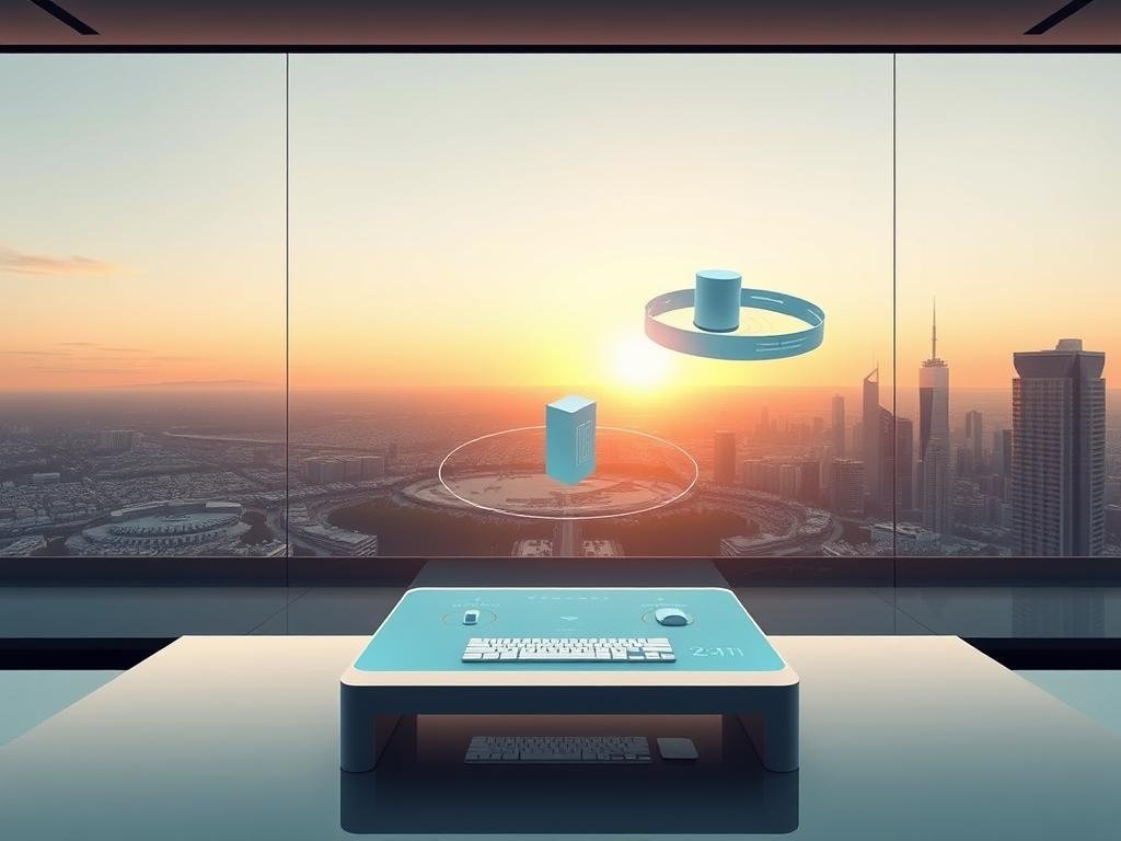 A sleek, futuristic illustration depicting the step-by-step implementation of spatial computing. In the foreground, a holographic user interface hovers above a minimalist desk, showcasing intuitive gesture controls. The middle ground features 3D digital models rotating in mid-air, highlighting the depth and realism of the spatial experience. In the background, a panoramic cityscape stretches out, bathed in a warm, golden glow from the setting sun, symbolizing the integration of spatial computing into everyday urban life. The overall mood is one of technological sophistication, seamless interaction, and a glimpse into the future of computing.