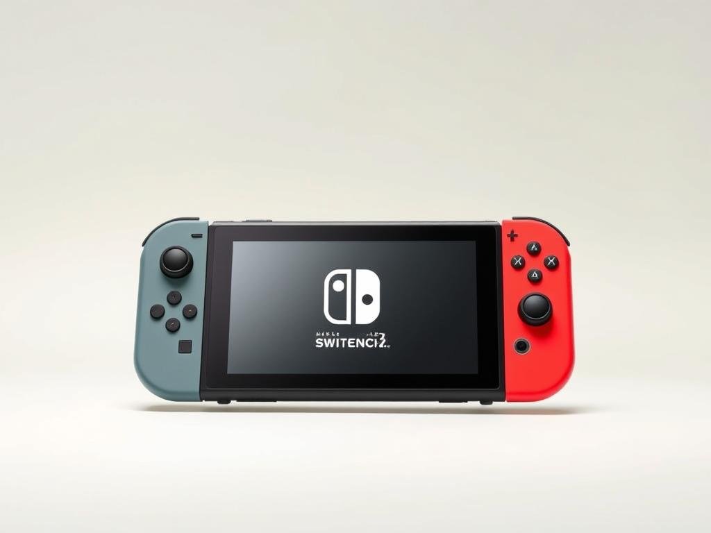 A sleek, futuristic-looking Nintendo Switch console against a clean, minimalist backdrop. The device is centered, with its iconic Joy-Con controllers attached, showcasing its updated design and hardware specifications. The lighting is bright and evenly distributed, highlighting the device's premium finish and attention to detail. The background is a simple, off-white color, allowing the Switch2 to be the focal point. The overall mood is one of innovation, sophistication, and the next evolution of Nintendo's beloved handheld-console hybrid.