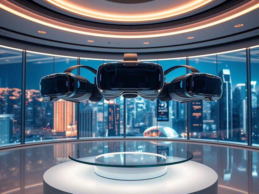 A sleek, futuristic showroom showcasing the latest virtual reality headsets in 2025. Centered in the frame, three state-of-the-art VR devices hover above a modern glass display, their holographic interfaces and transparent faceplates reflecting the room's minimalist chrome and glass design. Soft, diffused lighting from overhead casts a warm, futuristic glow, while the background features a panoramic view of a gleaming, high-tech cityscape. The atmosphere exudes a sense of innovation, technology, and the dawn of a new era in immersive experiences.