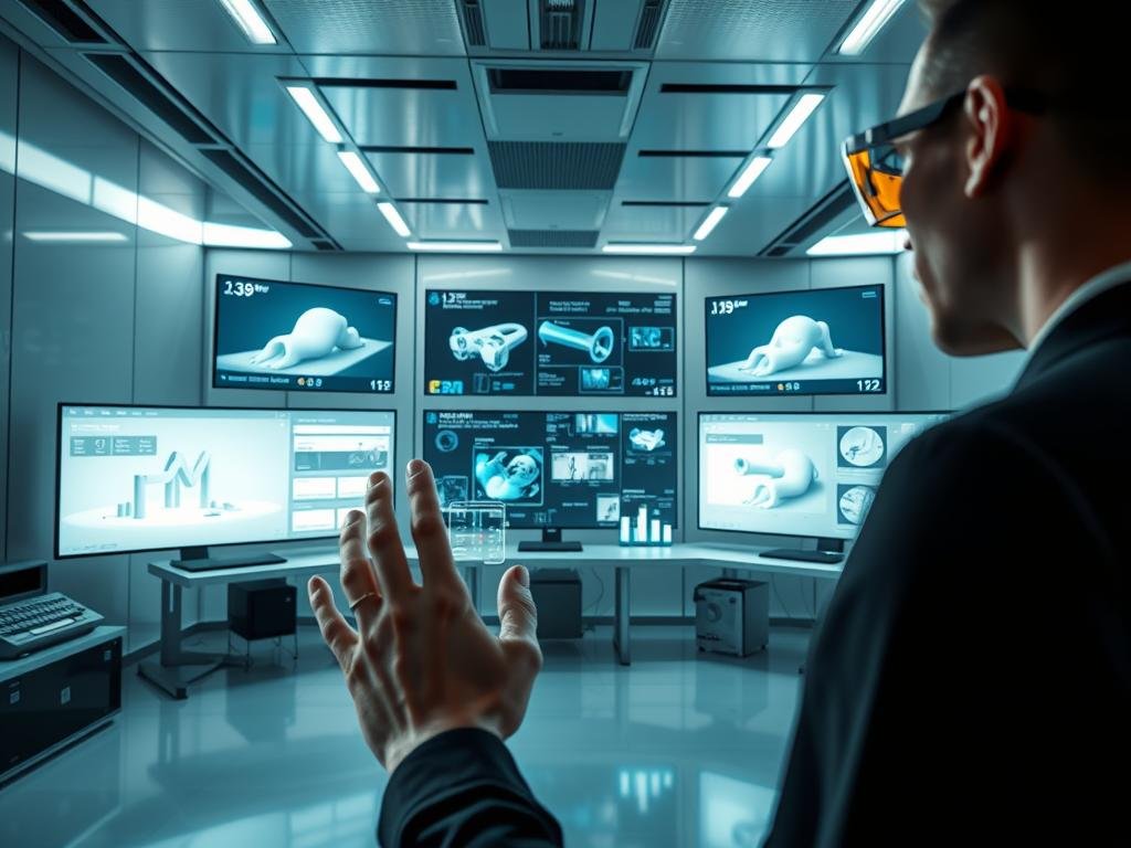 A sleek, futuristic workspace where spatial computing content creation unfolds. In the foreground, a designer gestures intuitively with their hands, manipulating holographic UI elements projected before them. The middle ground features an array of high-resolution displays, each showcasing 3D models, AR overlays, and real-time data visualizations. Soft, diffused lighting imbues the scene with a sense of focus and innovation. In the background, cutting-edge hardware - cameras, depth sensors, and processing units - are seamlessly integrated into the minimalist, glass-and-steel architecture. An atmosphere of technological sophistication pervades, hinting at the boundless possibilities of spatial computing.