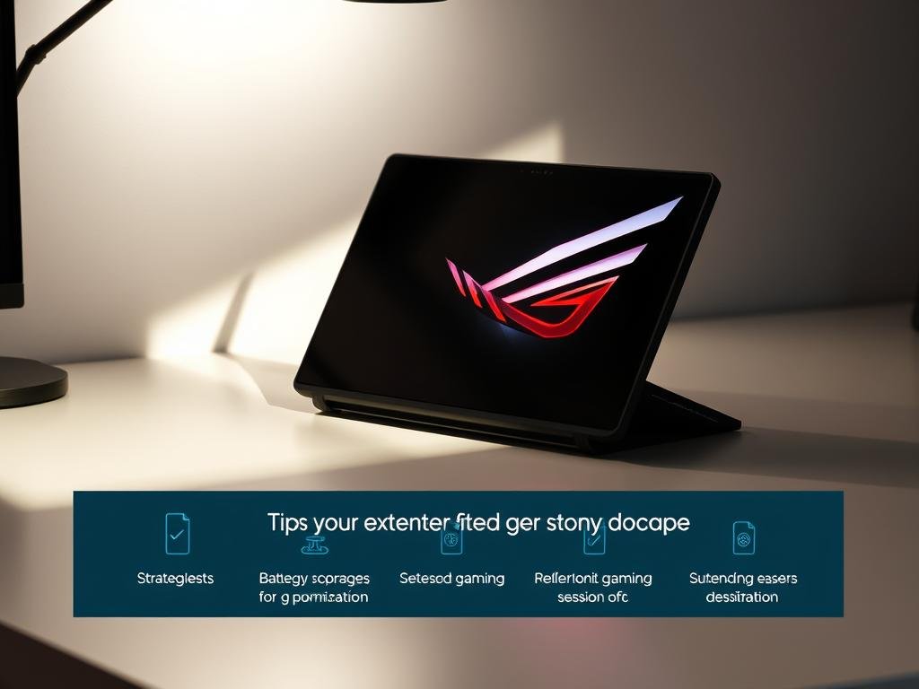 A sleek, gaming-focused device, the ROG Ally X, sits on a minimalist desk, its angled design casting dynamic shadows. Soft, indirect lighting illuminates the device's bold, angular lines and futuristic aesthetic. In the foreground, a series of battery life optimization tips are displayed in a clean, user-friendly interface, showcasing strategies to extend the Ally X's gaming session duration. The background features a subtle, tech-inspired gradient, complementing the device's premium design while maintaining focus on the practical information presented.