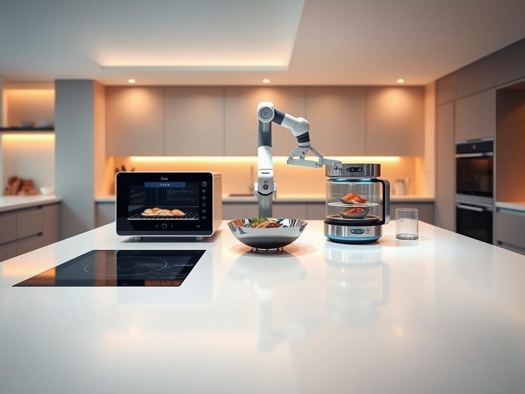 A sleek, high-tech kitchen countertop showcases a lineup of cutting-edge smart appliances. In the foreground, a state-of-the-art touchscreen control panel coordinates the synchronized operation of a cutting-edge induction cooktop, a multi-function convection oven, and a precision-controlled sous vide water bath. In the middle ground, a futuristic robotic arm effortlessly transfers dishes between the appliances, while an advanced voice-activated virtual assistant responds to the cook's commands. The background features a panoramic view of a modern, minimalist kitchen, bathed in warm, diffused lighting that creates a cozy, inviting atmosphere for the discerning home chef.
