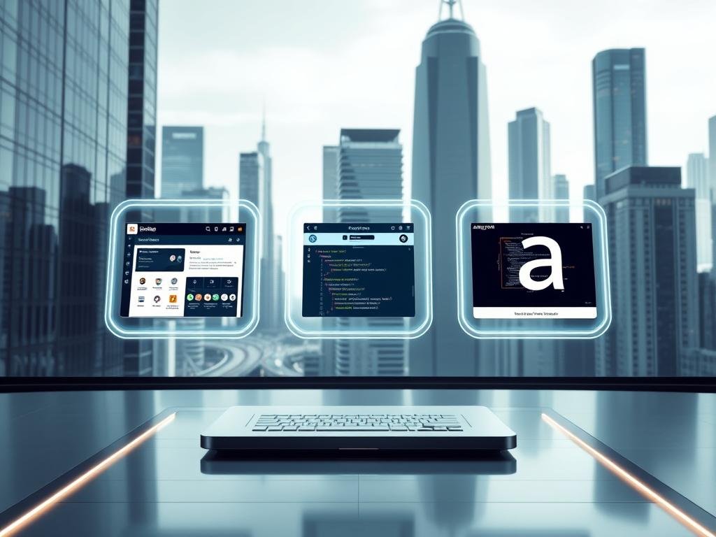 A sleek, high-tech scene showcasing three leading AI code assistants. In the foreground, floating holographic displays depict the user interfaces of GitHub Copilot, Claude, and Amazon Q, each with their distinctive styles. The middle ground features a futuristic desktop workspace, with a minimalist design and subtle lighting. In the background, a cityscape of towering, gleaming skyscrapers, hinting at the scale and impact of these advanced AI technologies. The overall atmosphere is one of innovation, efficiency, and the seamless integration of artificial intelligence into the software development workflow.