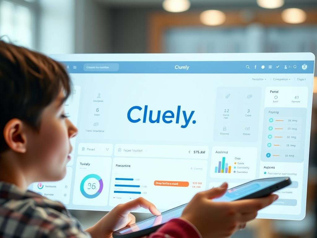 A sleek, intuitive AI app interface with a clean, minimalist design. The Cluely logo prominently displayed in the center, surrounded by a modern, pastel-colored dashboard featuring various widgets and controls. In the foreground, a student interacts with the app on a high-resolution touchscreen device, their face illuminated by the soft, diffused lighting. The background blurs out, emphasizing the app's interface as the focal point. The overall atmosphere conveys a sense of efficiency, productivity, and technological sophistication tailored for the academic needs of students.