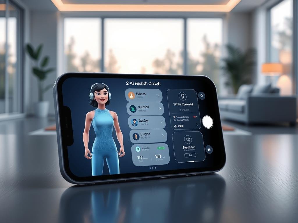 A sleek, minimalist iPhone displaying a personalized AI health coach interface. The foreground features a 3D animated avatar offering fitness recommendations, with detailed visualizations of workout routines, nutrition plans, and biometric data. The middle ground shows a glowing, holographic display with intuitive controls and a clean, modern UI. The background depicts a serene, futuristic domestic setting with floor-to-ceiling windows, ambient lighting, and subtle technological elements. The overall scene conveys a sense of effortless, AI-powered wellness guidance tailored to the user's needs.