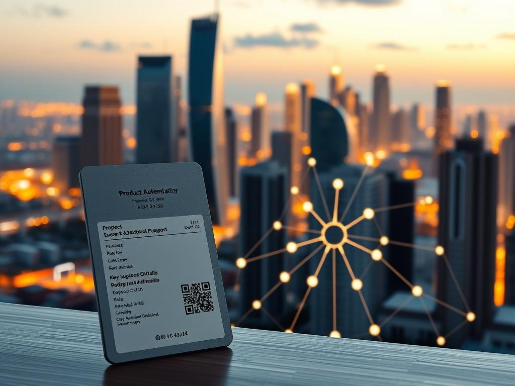 A sleek, minimalist product authentication system powered by blockchain technology. In the foreground, a digital product passport displays key supply chain details with a secure QR code. The middle ground features a blockchain network diagram, nodes connected by glowing transaction lines. In the background, a cityscape with towering skyscrapers and a futuristic skyline, illuminated by a warm, golden lighting. The scene conveys a sense of trust, transparency, and technological innovation, crucial for transforming global supply chains.