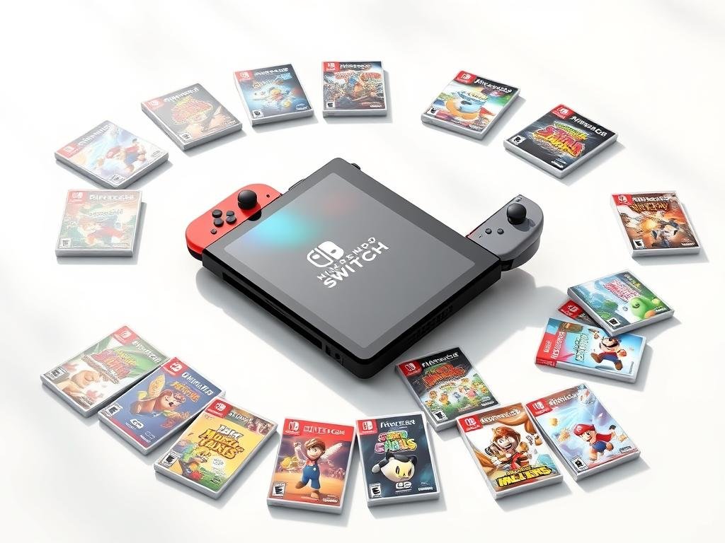 A sleek, modern Nintendo Switch 2 console rests on a glossy, minimalist surface, its iconic Joy-Con controllers attached. The device is surrounded by a diverse collection of Nintendo game cartridges, representing the rich library of titles from the original Switch and its predecessors, symbolizing the console's impressive backward compatibility. Soft, directional lighting highlights the console's refined design and the vibrant colors of the game cases, creating a sense of harmony and anticipation. The overall composition conveys the idea of a seamless transition to the next-generation Nintendo platform, preserving the beloved games and experiences that fans have come to cherish.