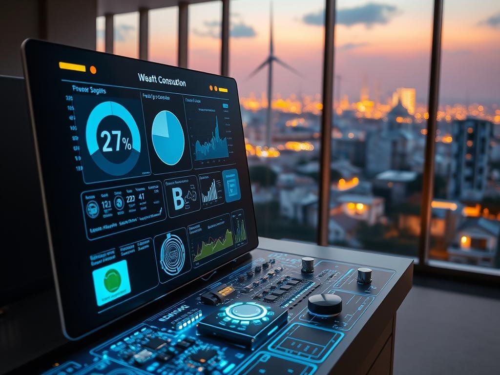 A sleek, modern control panel displaying real-time energy consumption data, surrounded by glowing circuit boards and holographic visualizations. In the foreground, a sophisticated AI assistant offers customized energy-saving recommendations, while in the background, a cityscape of smart homes and renewable energy infrastructure is visible through floor-to-ceiling windows, bathed in a warm, futuristic glow. The scene conveys a harmonious balance between advanced technology and sustainable energy management, with a sense of seamless integration and user-friendly design.