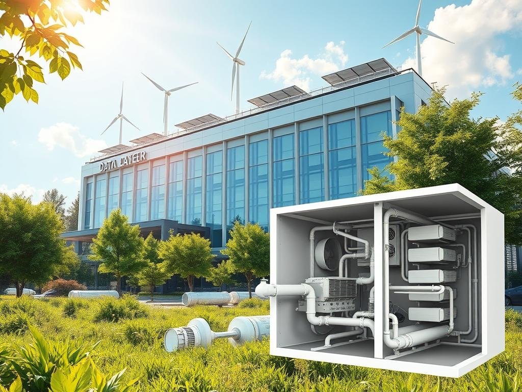 A sleek, modern data center building stands amidst a lush, verdant landscape. The facade features an array of advanced cooling systems, including futuristic heat exchangers, wind turbines, and solar panels. Sunlight filters through strategically placed windows, casting a warm, natural glow over the scene. In the foreground, a cutaway view reveals the intricate network of pipes, fans, and heat sinks that work in harmony to efficiently regulate the temperature and humidity within the data center. The overall atmosphere conveys a sense of technological innovation in harmony with sustainable, eco-friendly principles.
