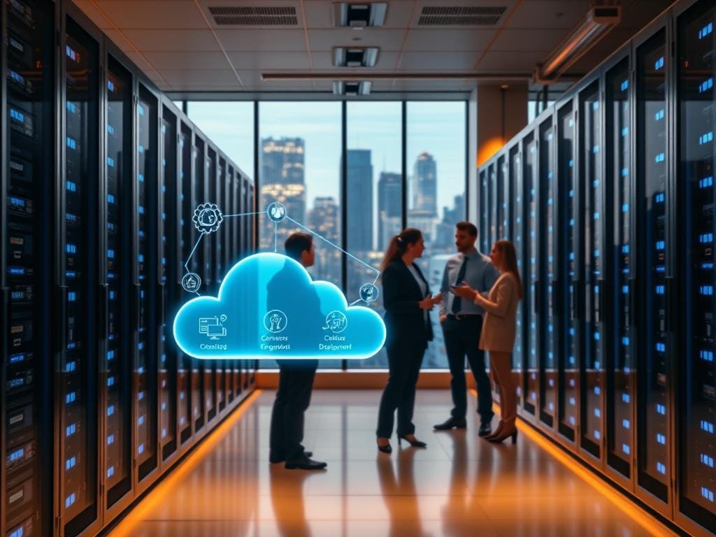 A sleek, modern data center with rows of server racks, glowing with a soft blue hue. In the foreground, a holographic display shows various cloud deployment strategies, with intuitive visuals and icons. The middle ground features a team of IT professionals collaborating, gesturing towards the display and engaged in a lively discussion. In the background, a cityscape with towering skyscrapers is visible through large panoramic windows, reflecting the urban setting. The lighting is warm and even, creating a sense of professionalism and technological sophistication. The overall atmosphere conveys the importance of carefully selecting the right cloud environment to meet the evolving needs of a modern business.