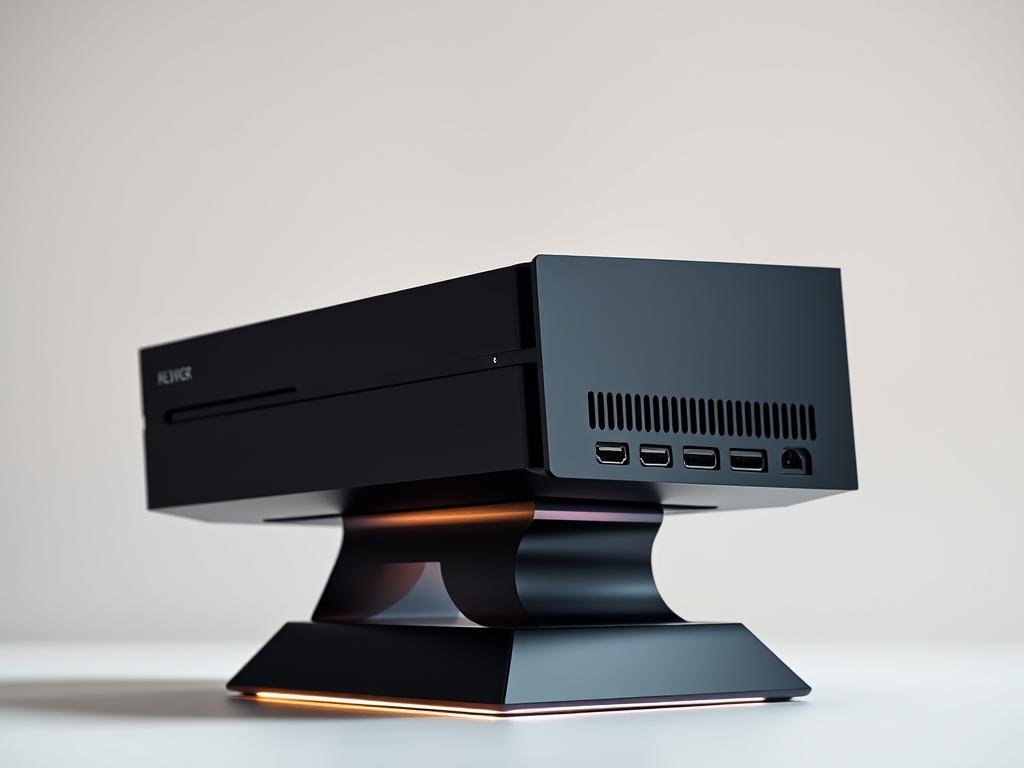 A sleek, modern gaming console design featuring a minimalist, rectangular form factor with clean lines and a glossy black finish. The console is elegantly suspended on a metal stand, giving it a floating, futuristic appearance. The front panel has a subtle, angular design with a recessed power button and subtle LED indicators. The rear showcases a variety of high-speed I/O ports for maximum connectivity. Soft, indirect lighting emanates from the base, casting a warm glow and creating an inviting, premium atmosphere. The image is captured from a low, slightly angled perspective to emphasize the console's striking silhouette and elegant proportions.