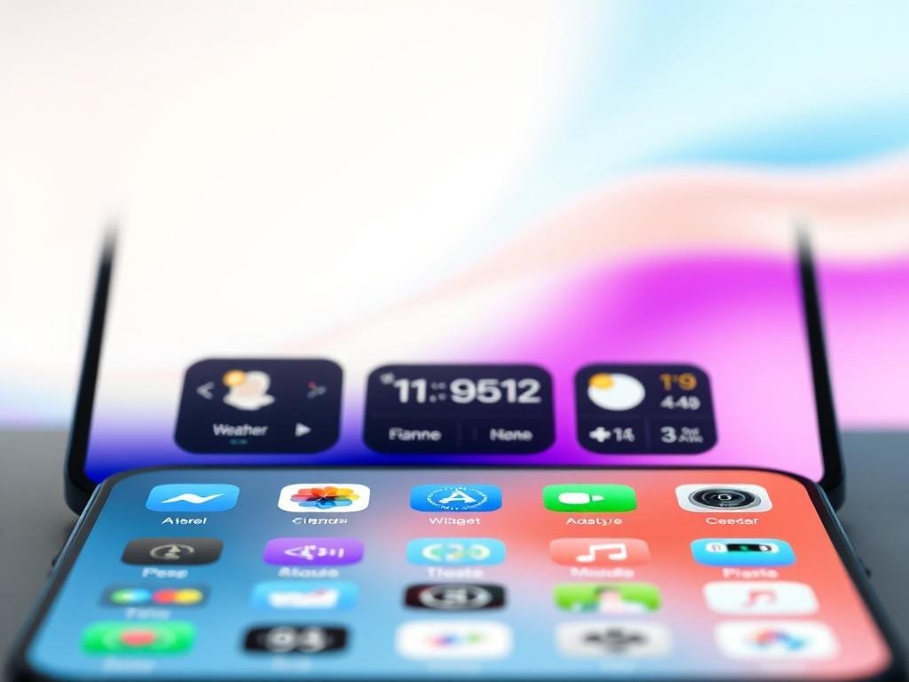 a sleek, modern ios 19 interface with a clean, minimalist aesthetic. in the foreground, a customizable home screen featuring app icons with rounded edges, subtle shadows, and vibrant pastel colors. in the middle ground, a row of adaptive widgets displaying weather, calendar, and other personalized information. in the background, a blurred, dynamic wallpaper with a soothing, gradient color palette. soft, directional lighting illuminates the screen, creating a sense of depth and emphasizing the refined, high-quality design. the overall mood is one of sophistication, simplicity, and personalization, reflecting the transformative user experience of ios 19.
