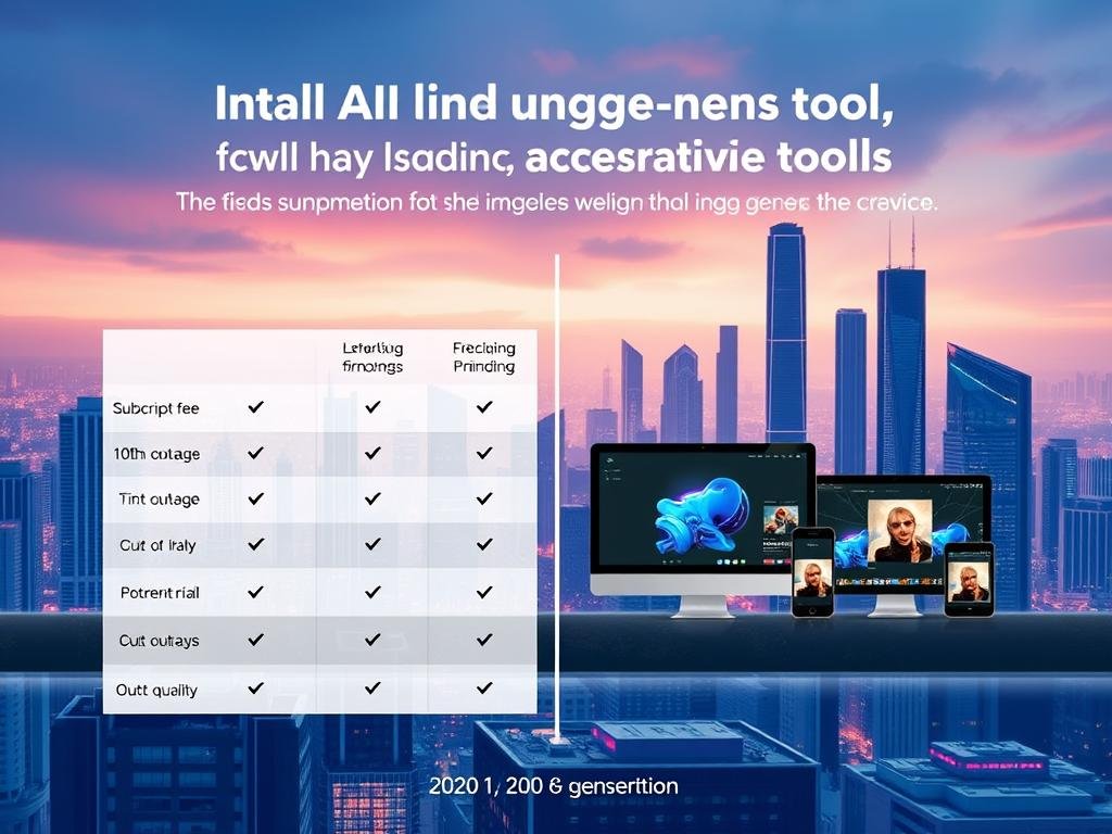 A sleek, modern infographic presenting a side-by-side comparison of pricing and accessibility for leading AI image generation tools. The foreground features a clean, minimalist layout with columns highlighting key metrics like monthly subscription fees, free trial availability, and output quality. The middle ground showcases realistic product shots of the various software interfaces, displayed on high-resolution desktop and mobile screens. The background depicts a futuristic cityscape with towering skyscrapers and a vibrant, neon-tinged skyline, conveying a sense of technological advancement. Soft, directional lighting accentuates the infographic's crisp lines and bold color palette, creating an aspirational, professional tone.