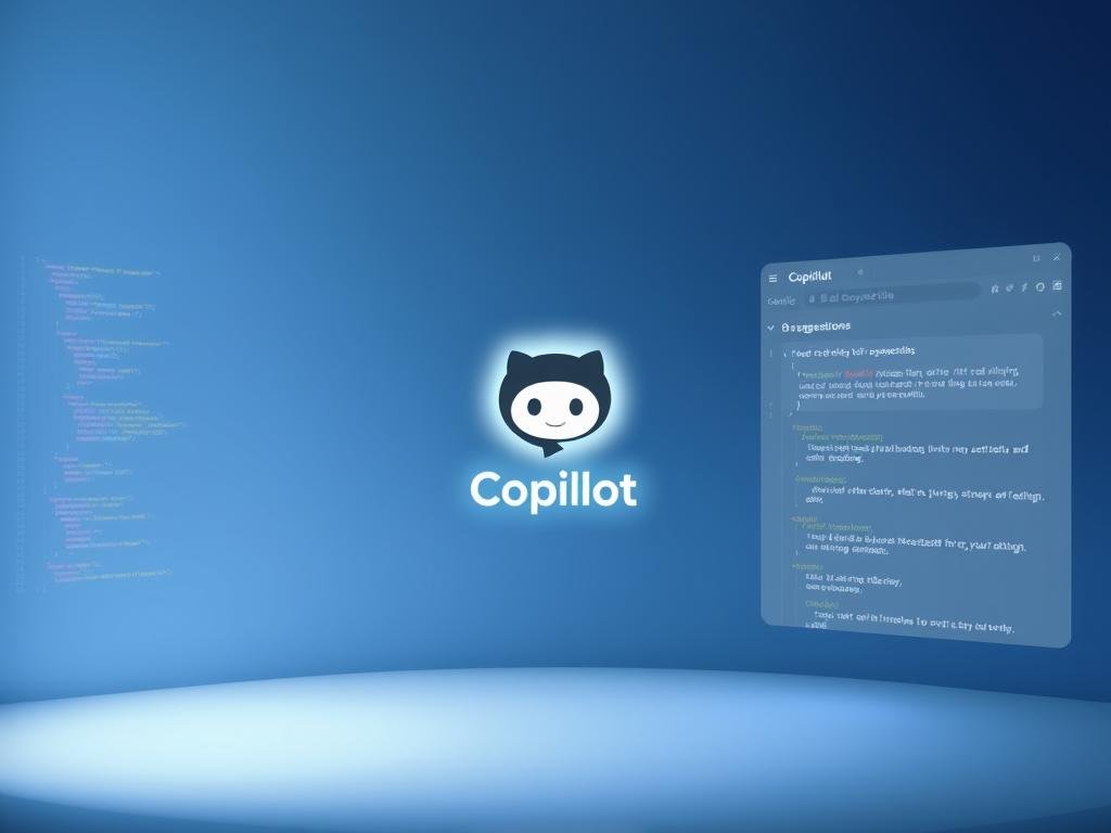 A sleek, modern interface with a clean, minimalist design. The GitHub Copilot logo prominently displayed in the center, illuminated by soft, directional lighting that casts subtle shadows. The background is a gradient of blues and grays, evoking a sense of professionalism and innovation. The layout features a code editor on the left, showcasing Copilot's seamless integration with the coding environment. On the right, a panel displays Copilot's suggestions and recommendations, presented in a clear and intuitive manner. The overall atmosphere conveys a powerful, yet user-friendly AI assistant, ready to empower developers in their coding endeavors.