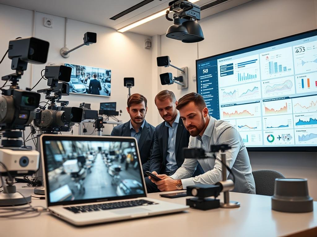 A sleek, modern office setting with an array of high-tech video detection devices. In the foreground, a laptop screen displays real-time footage, with advanced AI algorithms analyzing the video for any signs of manipulation. Surrounded by a variety of sensors, cameras, and analysis tools, a team of cybersecurity experts meticulously examines the footage, their expressions focused and determined. The lighting is crisp and clinical, casting a subtle glow on the array of sophisticated equipment. In the background, a large display panel showcases a range of data visualizations, graphs, and analytics, providing a comprehensive overview of the fake video detection system's capabilities. The overall atmosphere conveys a sense of cutting-edge technology, rigorous analysis, and a steadfast commitment to uncovering the truth.