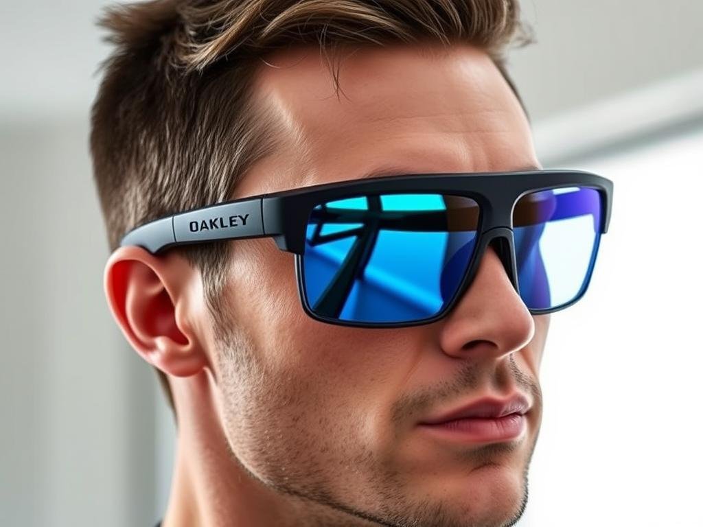 a sleek, modern pair of meta oakley smart glasses designed for sports and active lifestyles. the glasses feature a bold, angular frame in a matte black finish, with a streamlined profile for minimal wind resistance. high-definition cameras and sensors are seamlessly integrated into the frame, capturing every moment of the wearer's workout or activity with crystal-clear detail. the lenses are made of shatterproof, scratch-resistant material and offer advanced optical enhancements for enhanced visual clarity, depth perception, and color vibrancy. discreet touch controls along the temple arms allow the wearer to navigate the glasses' features, including real-time performance tracking, training recommendations, and hands-free voice commands. the sophisticated design and rugged construction ensure the glasses can withstand the demands of an active lifestyle, while the optimized ergonomics provide a comfortable, secure fit for all-day wear.