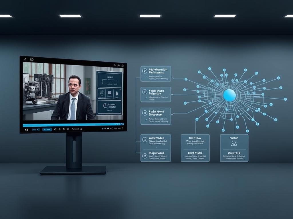 A sleek, modern software interface displaying sophisticated deepfake detection algorithms. In the foreground, a high-resolution video feed is being analyzed, with a heads-up display highlighting potential manipulation hotspots. The middle ground features a toolbox of advanced detection methods, including facial recognition, audio forensics, and metadata analysis. The background showcases a network of interconnected data sources, constantly updated to stay ahead of the latest deepfake threats. Muted tones of gray and blue create a professional, authoritative atmosphere, underscoring the critical importance of this specialized software for content creators seeking to maintain authenticity and trust.