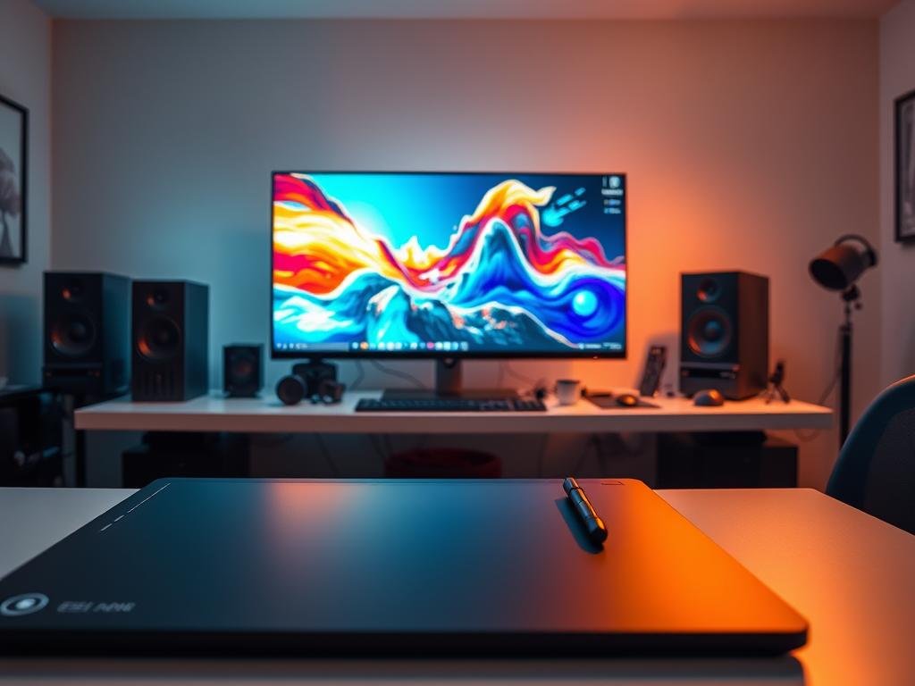 A sleek, modern workspace filled with cutting-edge AI design tools. In the foreground, a high-resolution graphics tablet and stylus await the artist's touch. In the middle ground, a large, ultra-high-definition display showcases a vibrant, dynamic digital canvas, with intuitive AI-powered brushes and effects at the user's fingertips. The background features a minimalist desk setup, with a powerful workstation computer and an array of peripheral devices, all bathed in a warm, ambient glow from strategically placed lighting. The overall scene conveys a sense of advanced, professional-grade AI-driven visual creation and design.