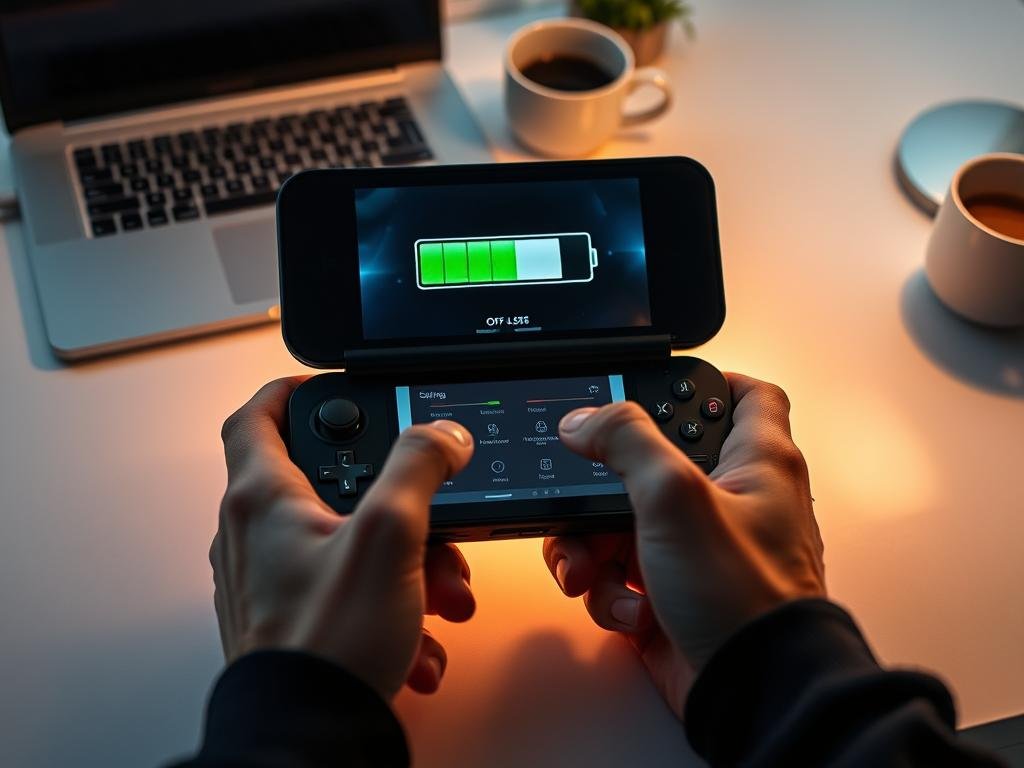 A sleek, optimized handheld gaming device rests on a minimalist desk, its battery life indicator glowing with a vibrant green hue. The device is backlit by a soft, warm light, creating a cozy, focused atmosphere. In the foreground, a pair of hands delicately adjust the device's settings, seeking to maximize its power efficiency. The background features a clean, uncluttered workspace, with a laptop and a cup of coffee, emphasizing the importance of a distraction-free environment for extended gaming sessions.