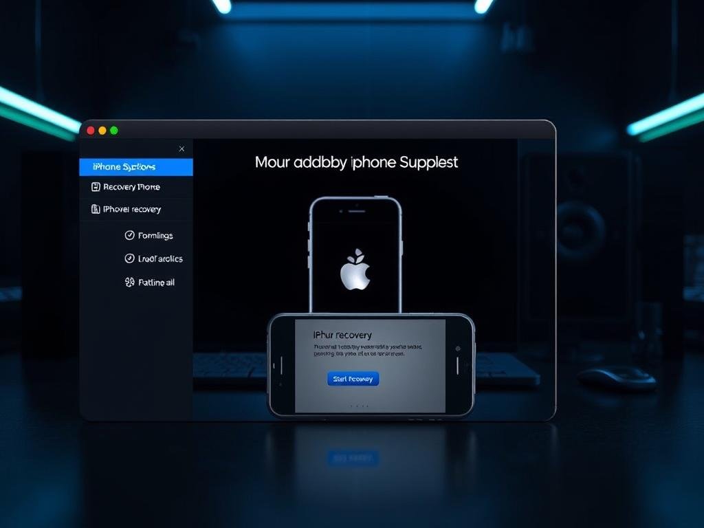 A sleek, professional-looking iPhone recovery software interface, set against a backdrop of a dark, minimalist workspace. The foreground features a clean, intuitive UI with clearly labeled recovery options and a prominent "Start Recovery" button. The middle ground showcases an iPhone device in the recovery mode, its screen displaying the software's logo. The background is a dimly lit, high-tech environment, with subtle hints of blue and green lighting to convey a sense of technological sophistication. The overall scene exudes a sense of precision, efficiency, and the ability to expertly address complex iPhone issues.
