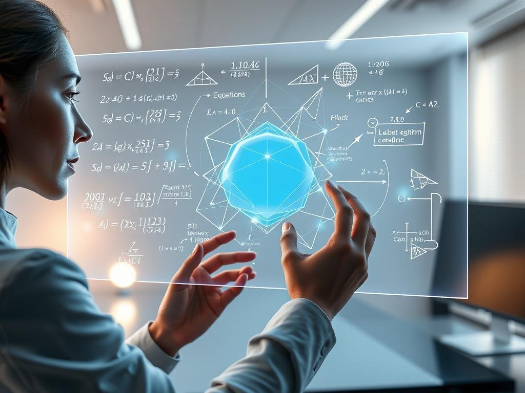 A sophisticated AI assistant effortlessly solving a complex mathematical problem on a holographic display. The foreground shows the assistant's hands deftly manipulating intricate equations and formulas, with a determined yet serene expression. The middle ground features a dynamic, three-dimensional visualization of the problem, with geometric shapes and data streams pulsing with energy. The background depicts a sleek, minimalist workspace bathed in soft, directional lighting, suggesting a futuristic, high-tech environment. The overall atmosphere conveys the AI's exceptional reasoning and problem-solving capabilities, seamlessly blending human-like intelligence with technological prowess.