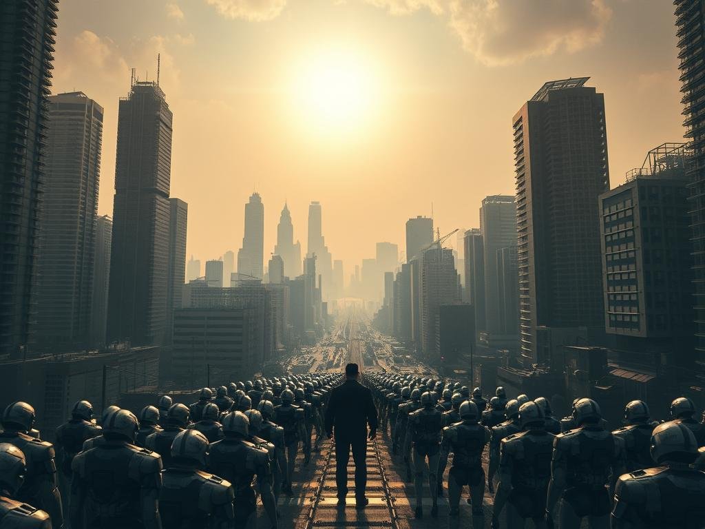 A sprawling cityscape, its towering skyscrapers casting long shadows across the bustling streets below. In the foreground, a lone figure stands amidst a sea of robots, their metallic forms eerily still, as if poised to take the place of human workers. The sky overhead is tinged with a hint of unease, the sun's rays filtering through a hazy, uncertain atmosphere. The scene conveys a sense of unease, a glimpse into a future where the line between human and machine has become blurred, and the fate of traditional employment hangs in the balance. Dramatic, cinematic lighting illuminates the tableau, creating a sense of heightened drama and tension.