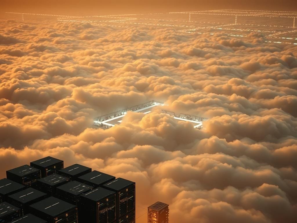 A sprawling landscape of interconnected clouds, each with its own distinct architecture and purpose. In the foreground, a cluster of servers and storage nodes, their blinking lights casting a soft, ambient glow. In the middle ground, a network of virtual private clouds, their boundaries delineated by shimmering lines of light. In the background, a vast, ethereal expanse of public cloud services, their boundaries blurred and indistinct. The scene is bathed in a warm, diffused lighting, creating a sense of depth and complexity. The overall impression is one of a dynamic, constantly evolving ecosystem, where the boundaries between cloud environments are fluid and constantly shifting.