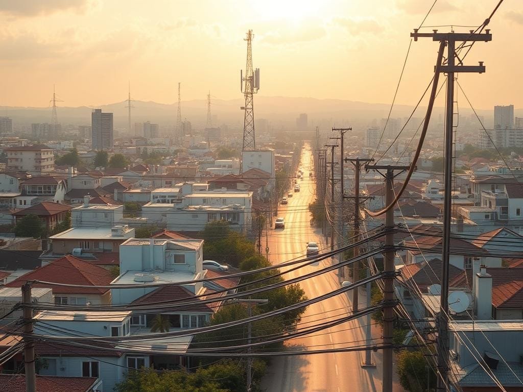 A sprawling network of cables and infrastructure stretches across a bustling cityscape, showcasing the backbone of modern cable internet connectivity. In the foreground, thick coaxial cables wind their way along utility poles, branching off into neighborhood streets. In the middle ground, towering telecommunications towers pierce the sky, their antennas and dishes facilitating the transfer of data. In the background, a mix of residential and commercial buildings, their rooftops dotted with satellite dishes, convey the widespread availability of cable internet services. The scene is bathed in a warm, golden light, suggesting the reliable and ubiquitous nature of this technology. The overall mood is one of efficiency, interconnectedness, and the essential role cable infrastructure plays in delivering high-speed internet to homes and businesses.