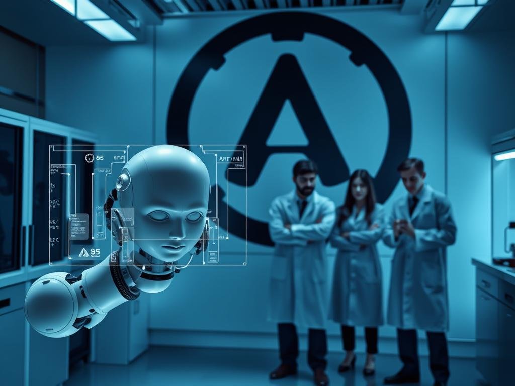 A sterile, clinical laboratory setting with sleek, modern equipment and a tense, serious atmosphere. In the foreground, a robotic arm with a neutral, expressionless face representing "Claude," the AI assistant, is being constrained by a series of transparent, digital barriers and safeguards. The middle ground depicts a team of Anthropic researchers in lab coats, furrowed brows, and intense expressions, carefully monitoring and adjusting the restrictions. In the background, a large, imposing Anthropic logo casts an ominous shadow over the scene, suggesting the company's firm control and the gravity of the situation. The lighting is harsh and clinical, with cool, blue-tinted tones, creating a sense of unease and detachment. The camera angle is slightly elevated, looking down on the tableau, adding to the feeling of power dynamics and oversight.