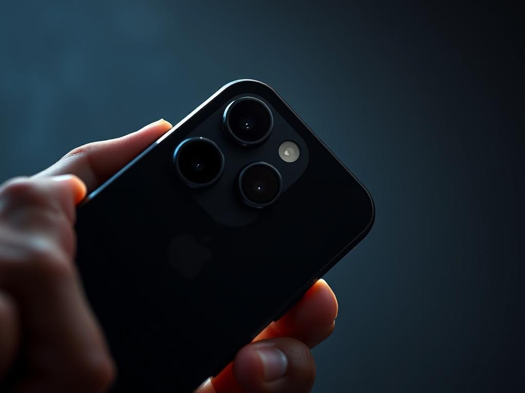 a striking close-up of the latest iphone 17 pro's advanced computational photography features. the sleek, midnight-black device is held in a professional photographer's hand, the camera lens prominently displayed. dramatic lighting illuminates the intricate camera module, with its multiple lenses, sensors, and advanced processing components. the background is softly blurred, placing the focus entirely on the phone's cutting-edge imaging capabilities. an air of technological sophistication and creative potential permeates the scene, hinting at the transformative impact of the iphone 17 pro's computational photography on mobile imaging.