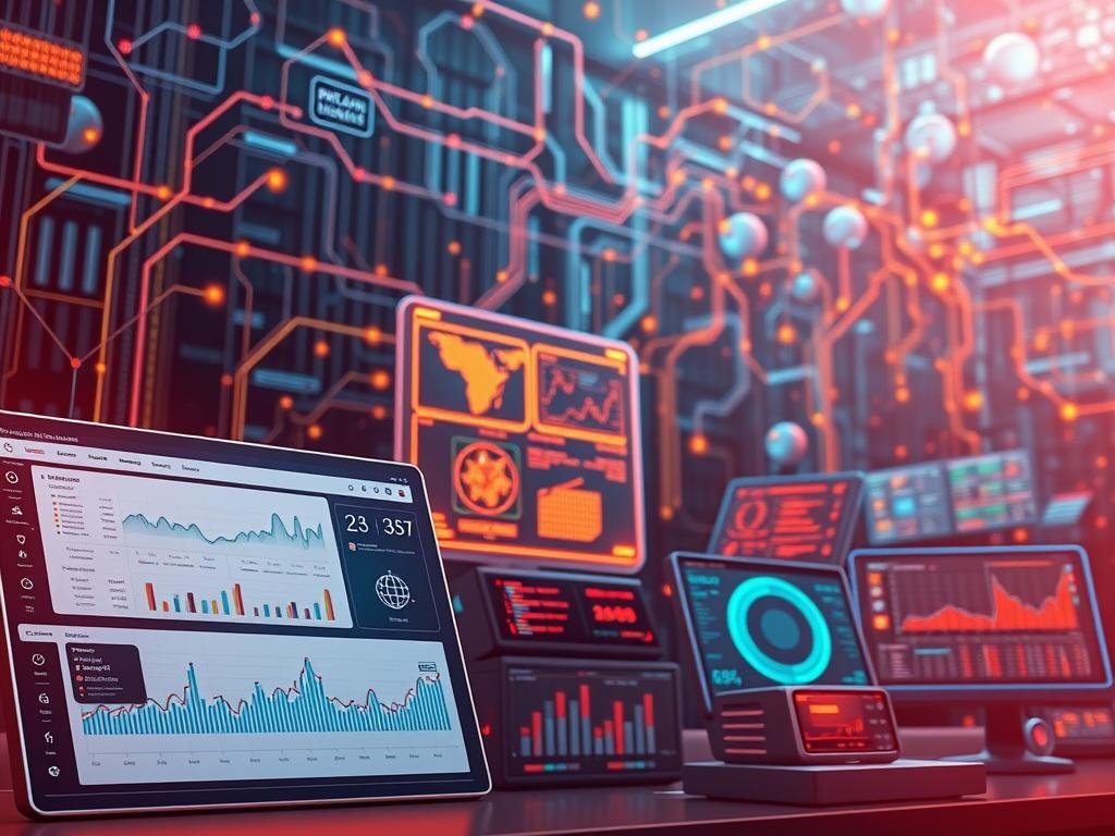 A striking digital illustration showcasing a collection of cutting-edge data analysis AI tools. In the foreground, a sleek and intuitive dashboard displays interactive visualizations, insights, and forecasts. The middle ground features various AI-powered modules for data processing, predictive modeling, and decision support. In the background, a complex network of interconnected data streams and algorithms hums with activity, creating an atmosphere of technological sophistication. Warm lighting illuminates the scene, conveying a sense of productivity and innovation. The image is rendered with a high level of detail, capturing the power and versatility of these game-changing data analysis AI tools.