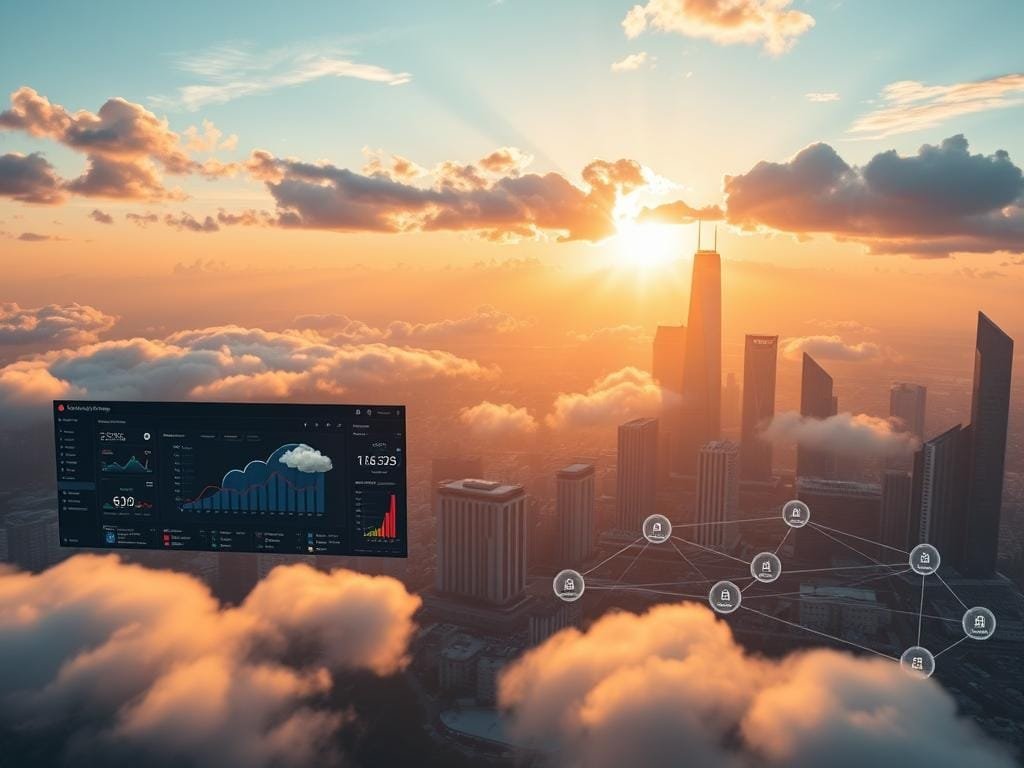 A sweeping aerial view of a modern cloud management platform, bathed in warm afternoon light. In the foreground, a sleek dashboard interface with intuitive visualizations of resource utilization, cost optimization, and security analytics. The middle ground features a network topology diagram, with interconnected cloud services and hybrid infrastructure elegantly displayed. In the background, a panoramic skyline of futuristic skyscrapers, reflecting the scale and complexity of the multi-cloud ecosystem. The scene conveys a sense of control, efficiency, and forward-thinking innovation - the essential features of an enterprise-grade cloud management solution for the challenges of 2025.