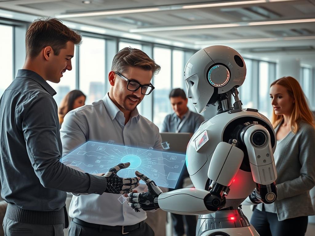 A team of professionals collaborating closely with an AI assistant in a modern, well-lit office setting. In the foreground, a human and an AI-powered robot work together on a holographic display, sharing insights and strategizing. In the middle ground, other humans engage with various digital interfaces, their expressions suggesting a harmonious, productive atmosphere. The background features sleek, minimalist decor and large windows overlooking a vibrant cityscape, conveying a sense of technological progress and human-AI synergy. The overall scene radiates a mood of innovation, efficiency, and the complementary strengths of human and artificial intelligence.